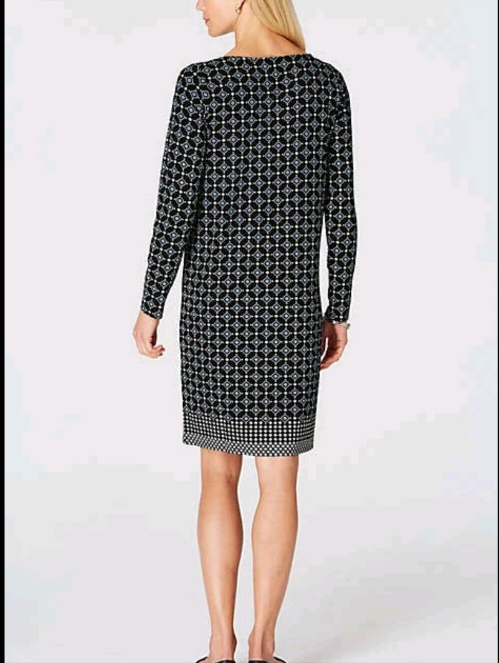 J.Jill Wearever Collection Womens Large Petite Black Blue Diamonds Stretch Dress - Picture 7 of 12